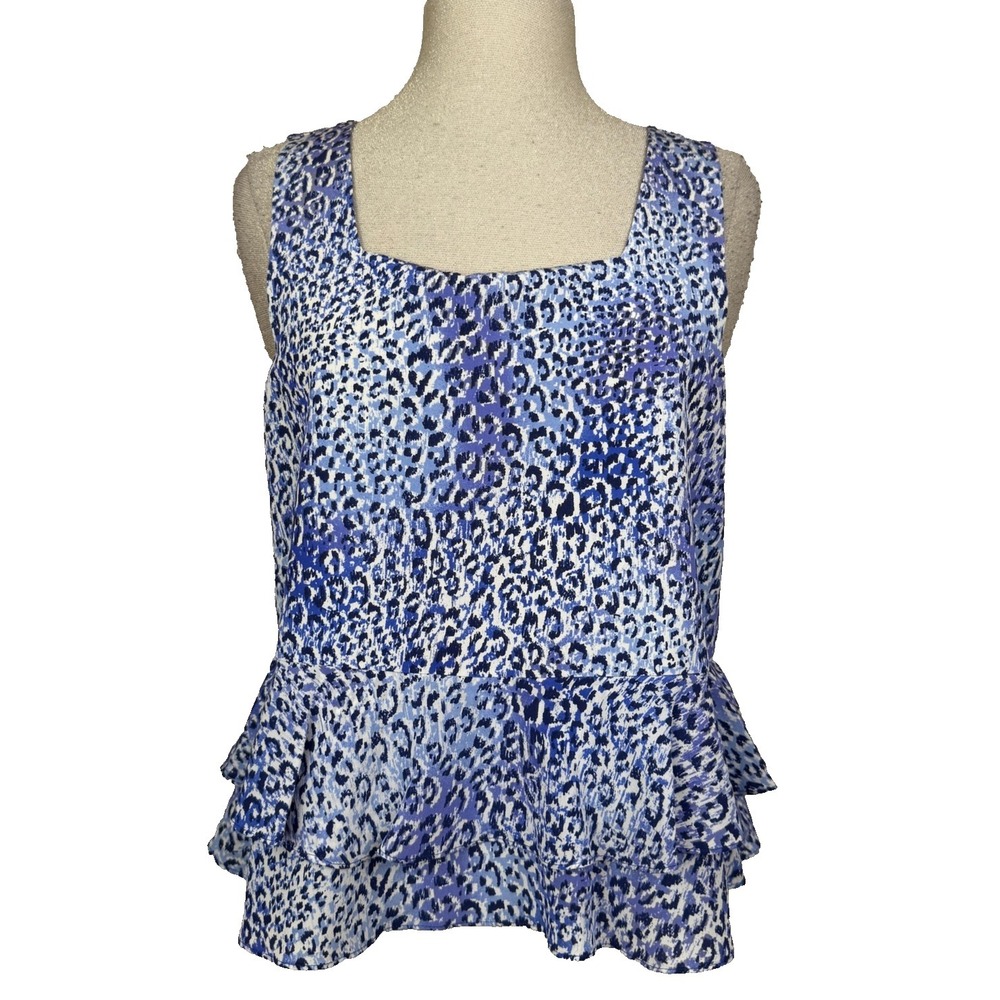 Rebecca Taylor Blouse Women 10 Blue Animal Silk Peplum Sleeveless Top Date Night